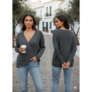NWT La Mode Criss Cross Gray Sweater top Women's V Neck Pullover Size-XL